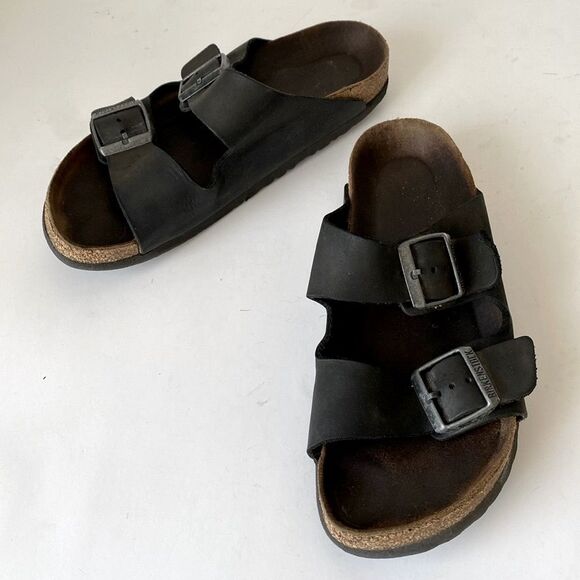 Birkenstock Black Leather Sandals Comfortable Durable US 8 - 8.5 Casual Travel - Picture 1 of 16